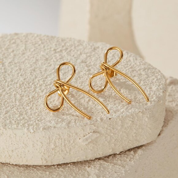 Women's 18K Gold-Plated Zircon Earrings Hoop Dangle Bow 1 Earring Golden Tops - Picture 6 of 7